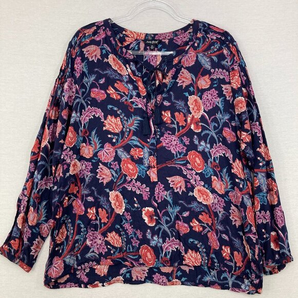 Lucky Brand size XL Navy Red Tie Front Ultra Soft Rayon Floral Blouse Peasant - Picture 1 of 11